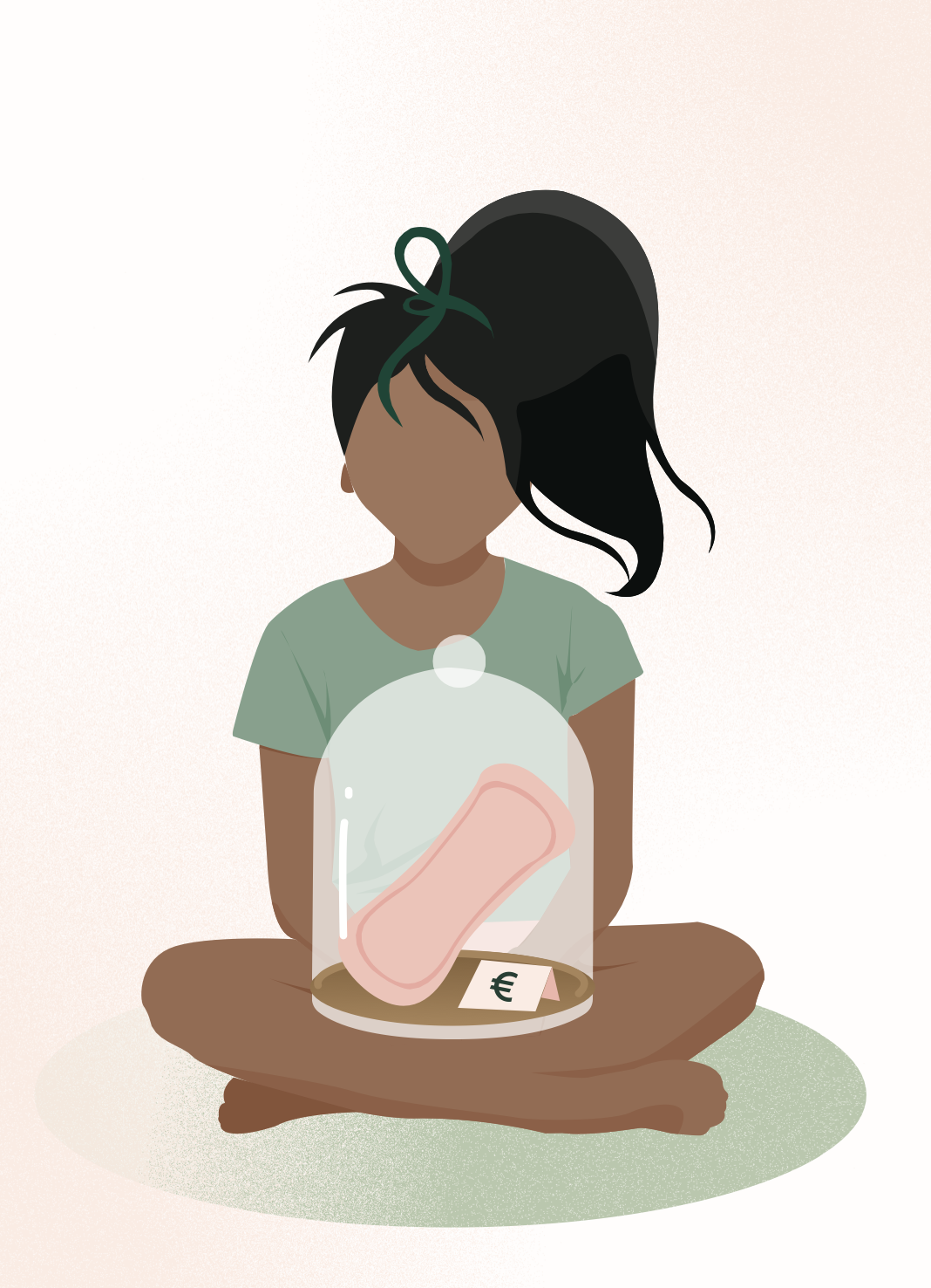 Illustration de femme regardant une protection hygiénique dans une cloche accompagnée d'un prix